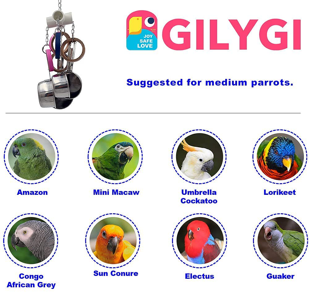 GILYGI Durable Bird Parrots Pots and Bagel Toys, Pullable Stainless Steel Cup and Cardboard Ring Toys for Amazons Mini Macaws African Greys Cockatoos Eclectus Animals & Pet Supplies > Pet Supplies > Bird Supplies > Bird Toys GILYGI   