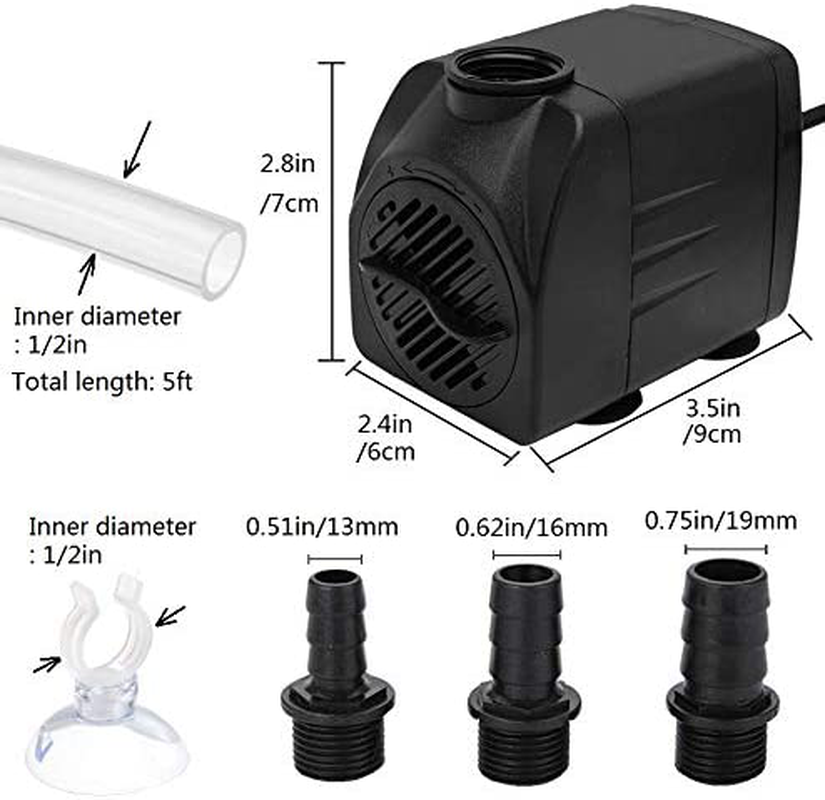 Fountain Pump, 400GPH(25W 1500L/H) Submersible Water Pump, Durable Outdoor Fountain Water Pump with 5Ft Tubing (ID X 1/2-Inch), 3 Nozzles for Aquarium, Pond, Fish Tank, Water Pump Hydroponics Animals & Pet Supplies > Pet Supplies > Fish Supplies > Aquarium & Pond Tubing Lovefish   