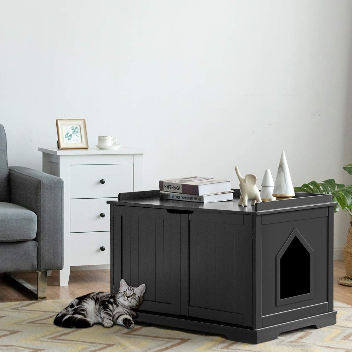 Tangkula Litter Box Enclosure, Cat Litter Box Furniture Hidden, Nightstand Pet House with Double Doors, Indoor Decorative Cat House, Cat Washroom Storage Bench for Large Cat Kitty Animals & Pet Supplies > Pet Supplies > Cat Supplies > Cat Furniture Tangkula   