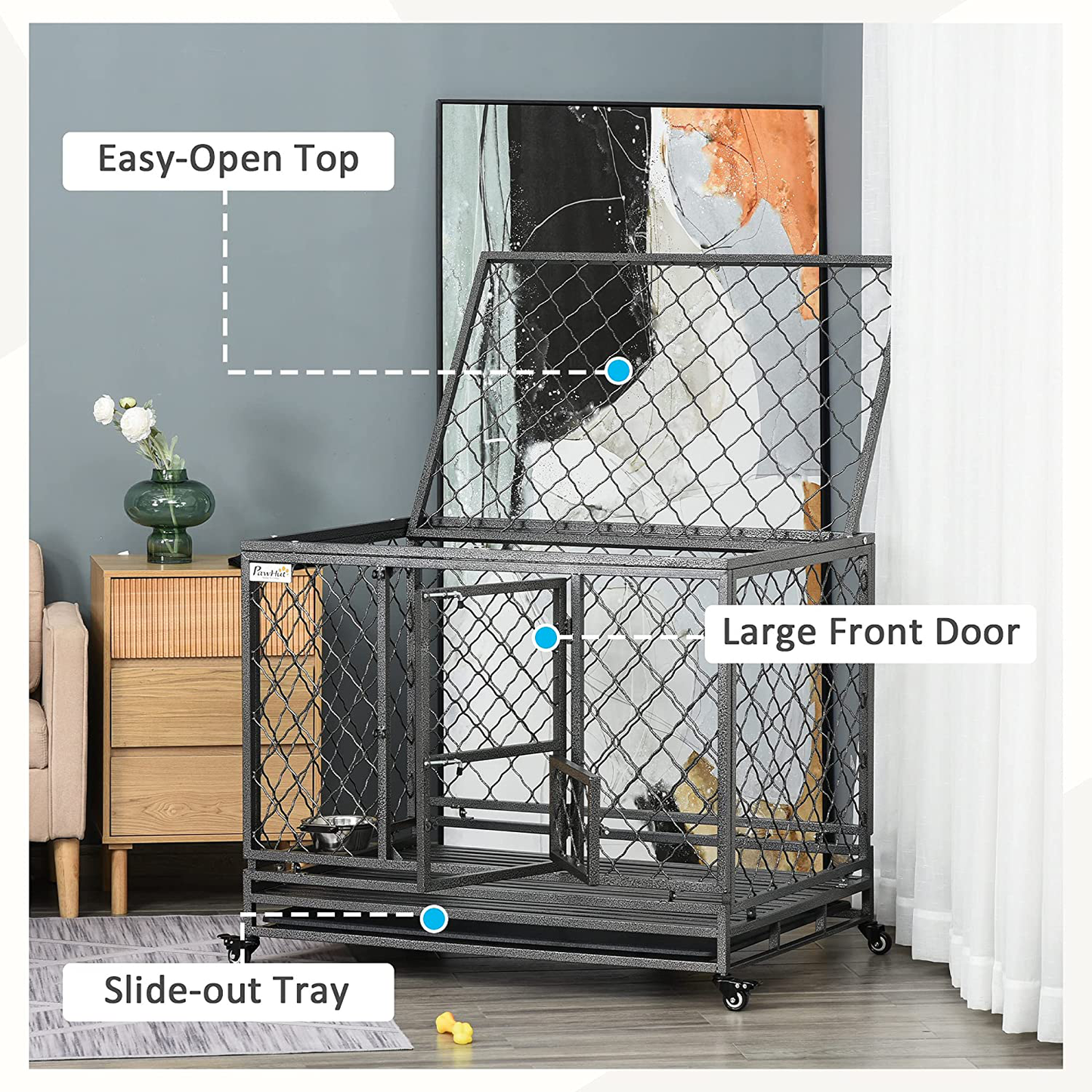Pawhut Heavy Duty Dog Crate Cage Kennel W/Removable Tray Wheels & Lockable Door Indoor & Outdoor