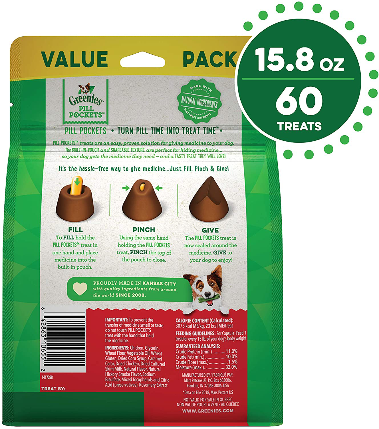 GREENIES Pill Pockets Natural Dog Treats, Capsule Size, Hickory Smoke Flavor Animals & Pet Supplies > Pet Supplies > Small Animal Supplies > Small Animal Treats Greenies Dog & Cat Treats   