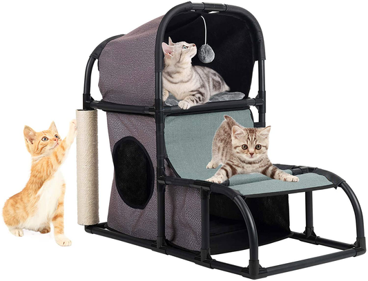 SNUGENS 4 in 1 Multi-Functional Cat Tree Condo Furniture, Super Stable Cat Tower House, Combined with Cat Bed, Cat Climber, Peek Holes, Scratching Post & Dangling Toy