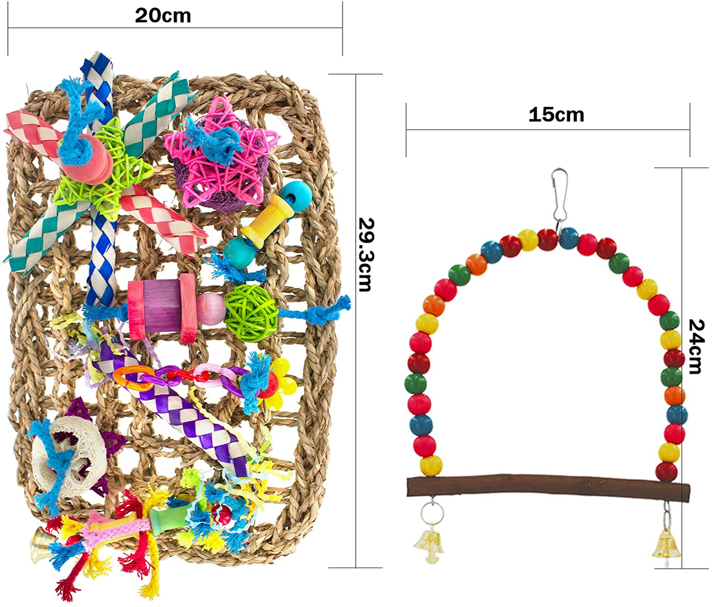 MHHOL Bird Parakeet Toys, Bird Foraging Wall Toy, Bird Perches Swing, Edible Seagrass Woven Climbing Hammock Mat with Chewing Toys, Bird Shredder Toys, for Parrots, Conures, Cockatiels, Budgies Animals & Pet Supplies > Pet Supplies > Bird Supplies > Bird Ladders & Perches MHHOL   