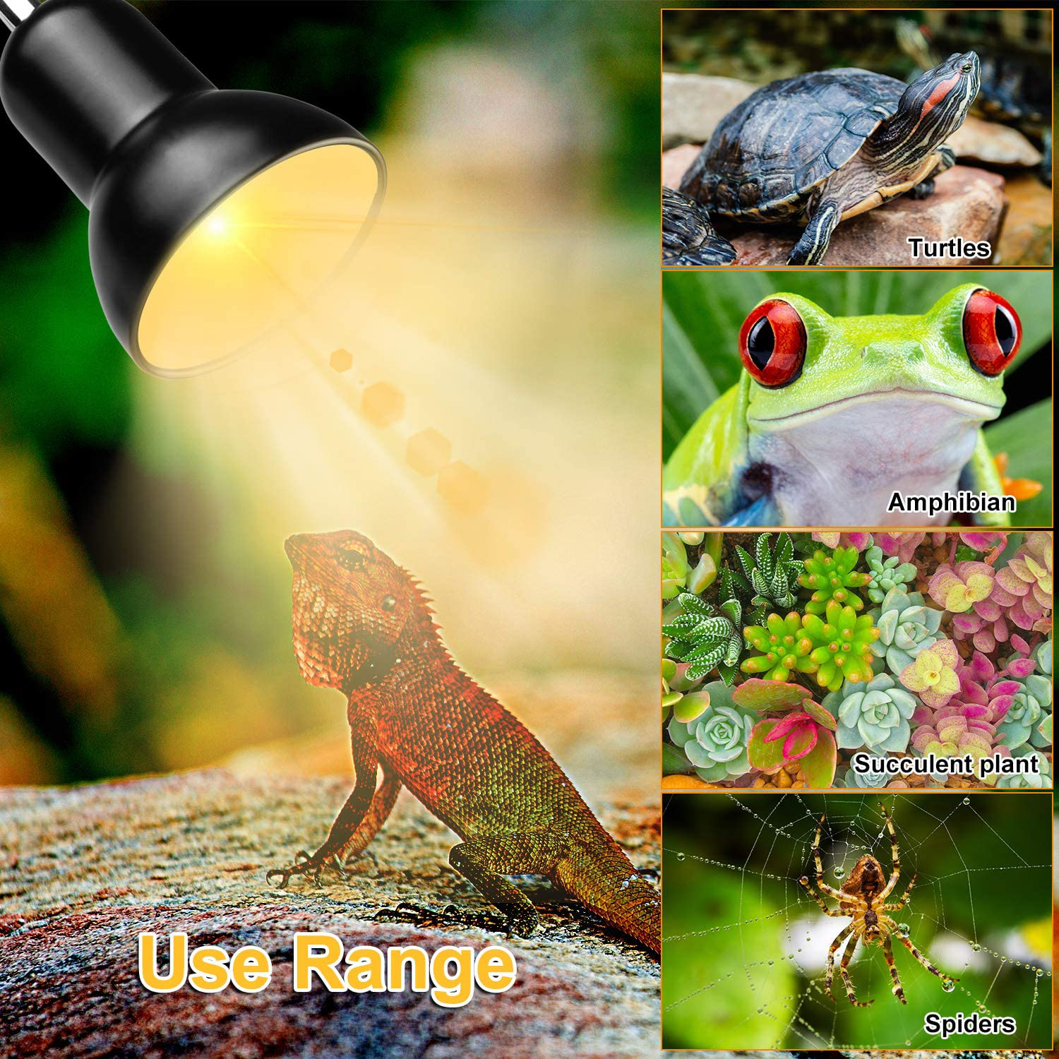 Reptile Heat Lamps, Turtle Lamp UVA/UVB Turtle Aquarium Tank Heating Lamps with Clamp, 360° Rotatable Basking Lamp for Lizard Turtle Snake Aquarium Aquatic Plants with 2 Heat Bulbs (E27,110V)