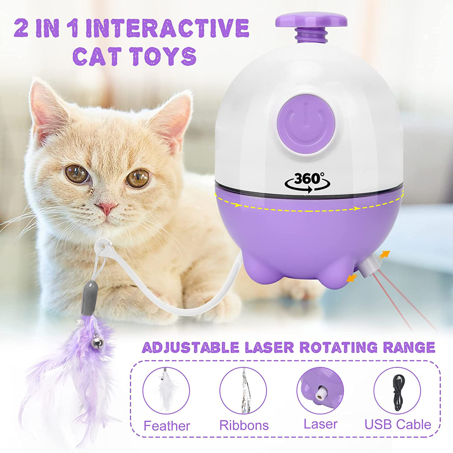 APPLYSU Interactive Cat Toys for Indoor Cats, 2 in 1 Laser Cat Toy and Cat Feather Toys, 360° Rotating Shutdown Automatic Cat Toy with Many Replacement Accessories for Kitten Animals & Pet Supplies > Pet Supplies > Cat Supplies > Cat Toys APPLYSU   