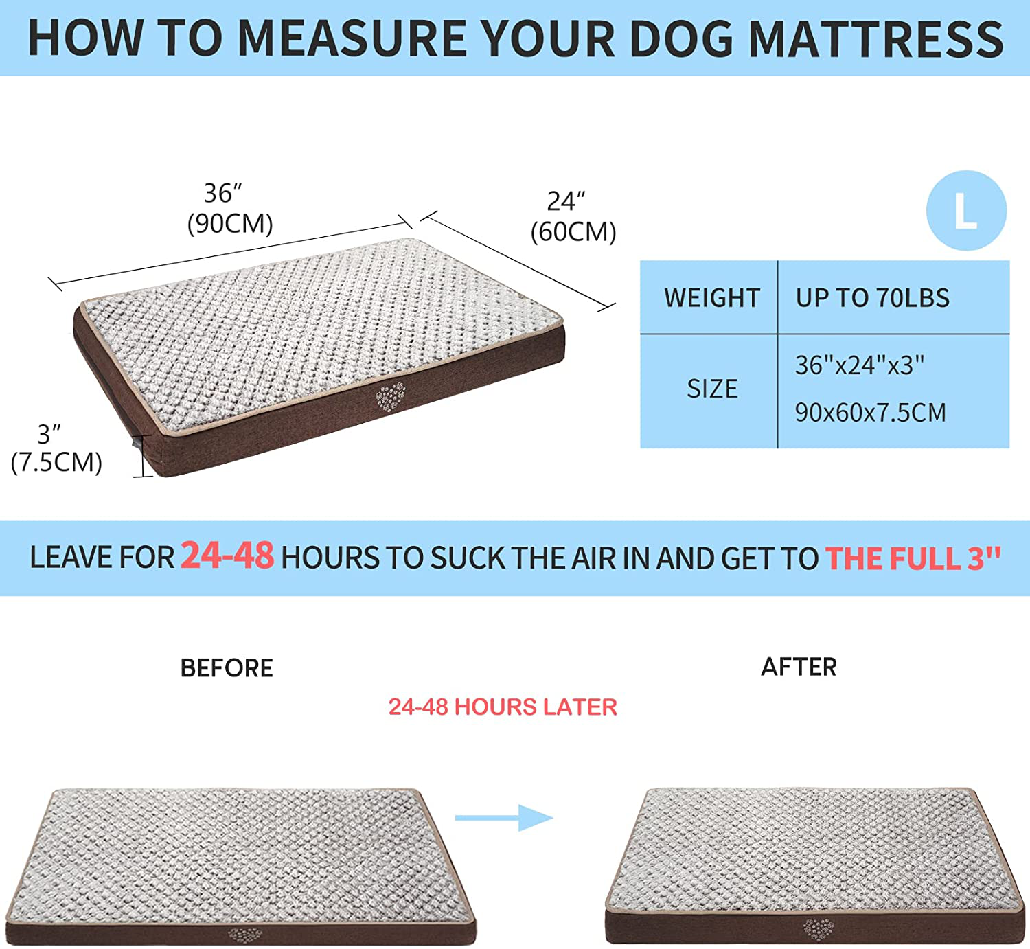 VANKEAN Stylish Reversible Dog Mat (Warm and Cool), Waterproof Inner Lining, Removable Machine Washable Cover, Plush Dog Mattress for Joint Relief Dog Bed for Crate, Coffee