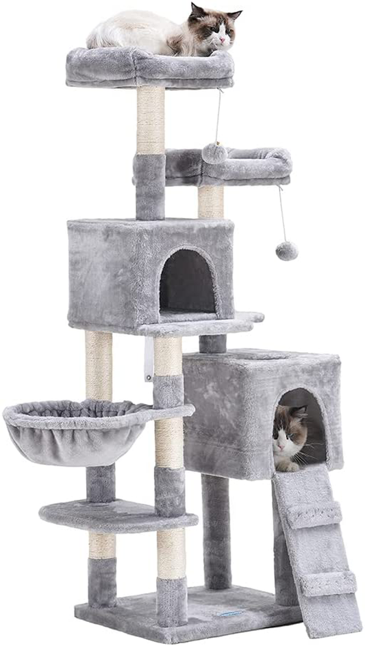 Hey-Brother 58'' Multi-Level Cat Tree Condo Furniture with Sisal-Covered Scratching Posts, 2 Plush Condos, Hammock for Kittens, Cats and Pets Animals & Pet Supplies > Pet Supplies > Cat Supplies > Cat Furniture Hey-brother Light gray  