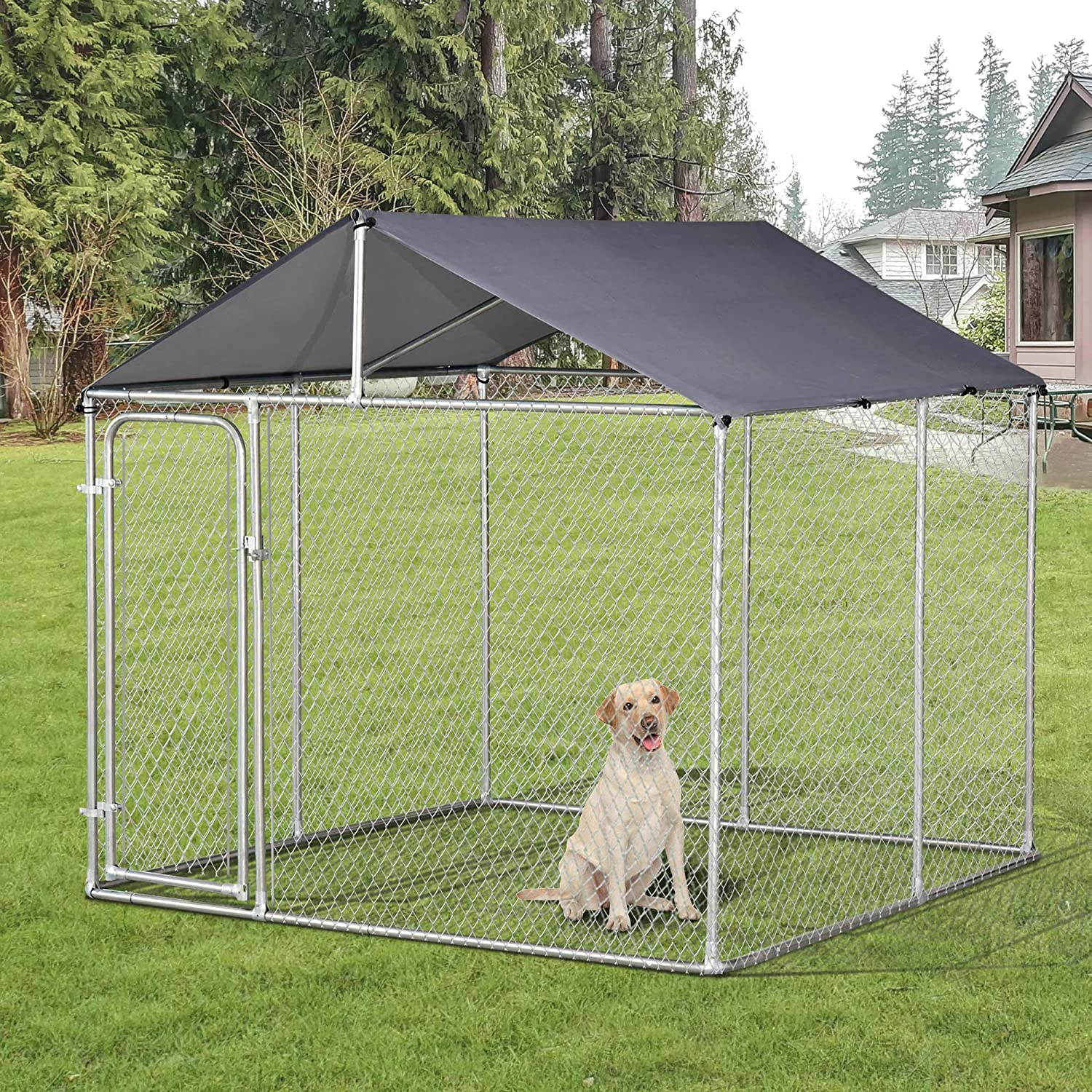 Pawhut Outdoor Dog Kennel Galvanized Steel Fence with Cover Secure Lock Mesh Sidewalls for Backyard