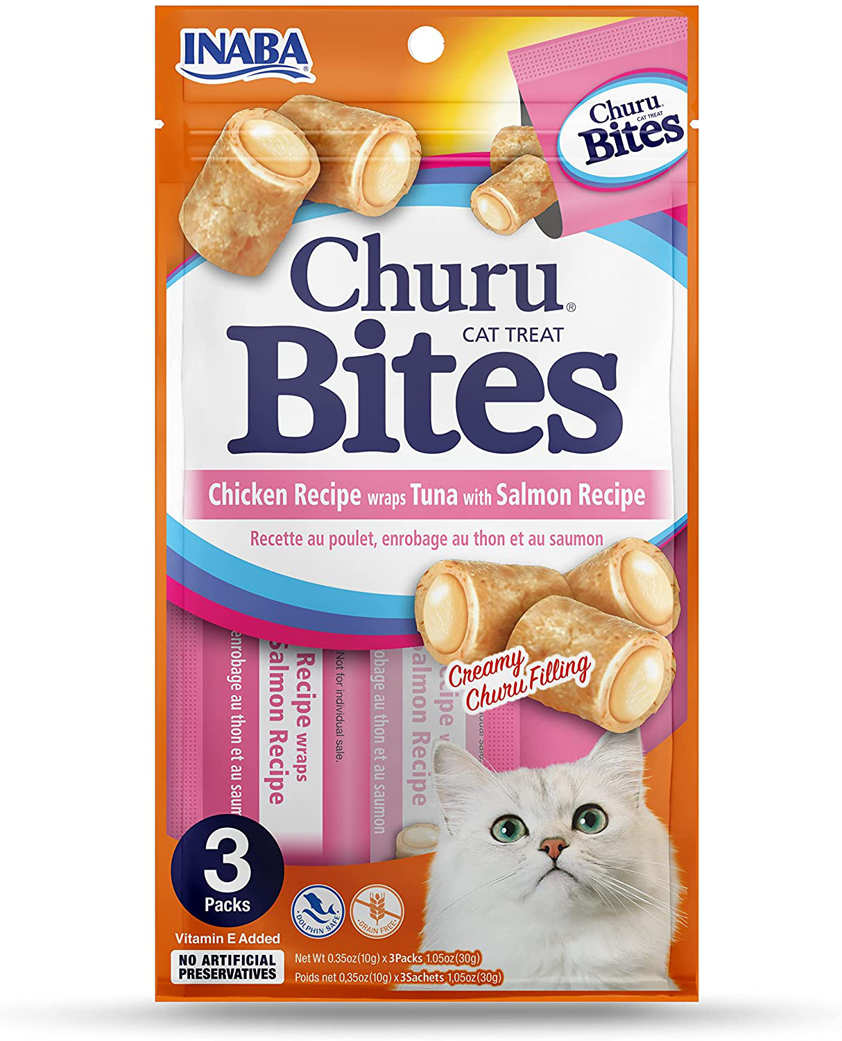 INABA Churu Bites for Cats, Grain-Free, Soft/Chewy Baked Chicken Wrapped Churu Filled Cat Treats with Vitamin E, 0.35 Ounces Each Tube| 24 Tubes Total (3 per Pack) Animals & Pet Supplies > Pet Supplies > Cat Supplies > Cat Treats INABA   