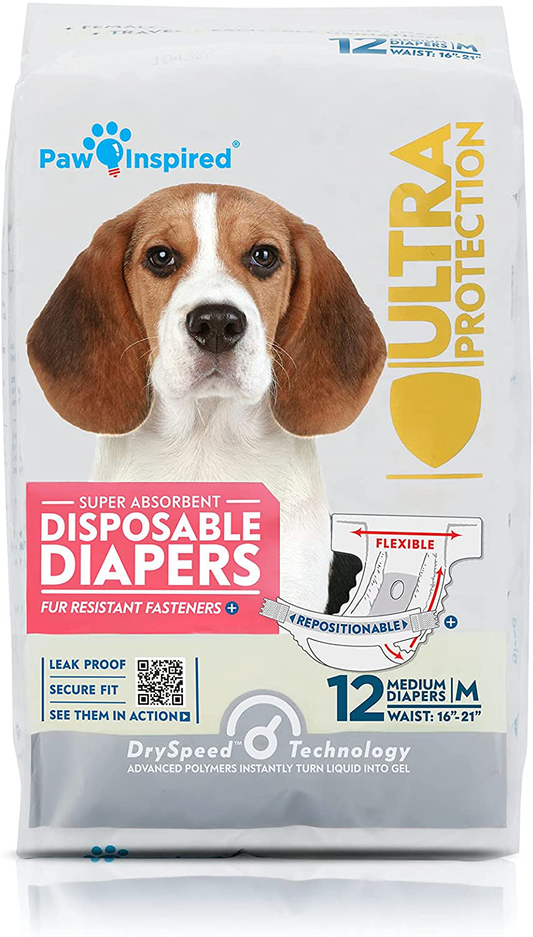 Paw Inspired Disposable Dog Diapers | Female Dog Diapers Ultra Protection | Diapers for Dogs in Heat, Excitable Urination, or Incontinence (12 Count, Medium) Animals & Pet Supplies > Pet Supplies > Dog Supplies > Dog Diaper Pads & Liners Paw Inspired   