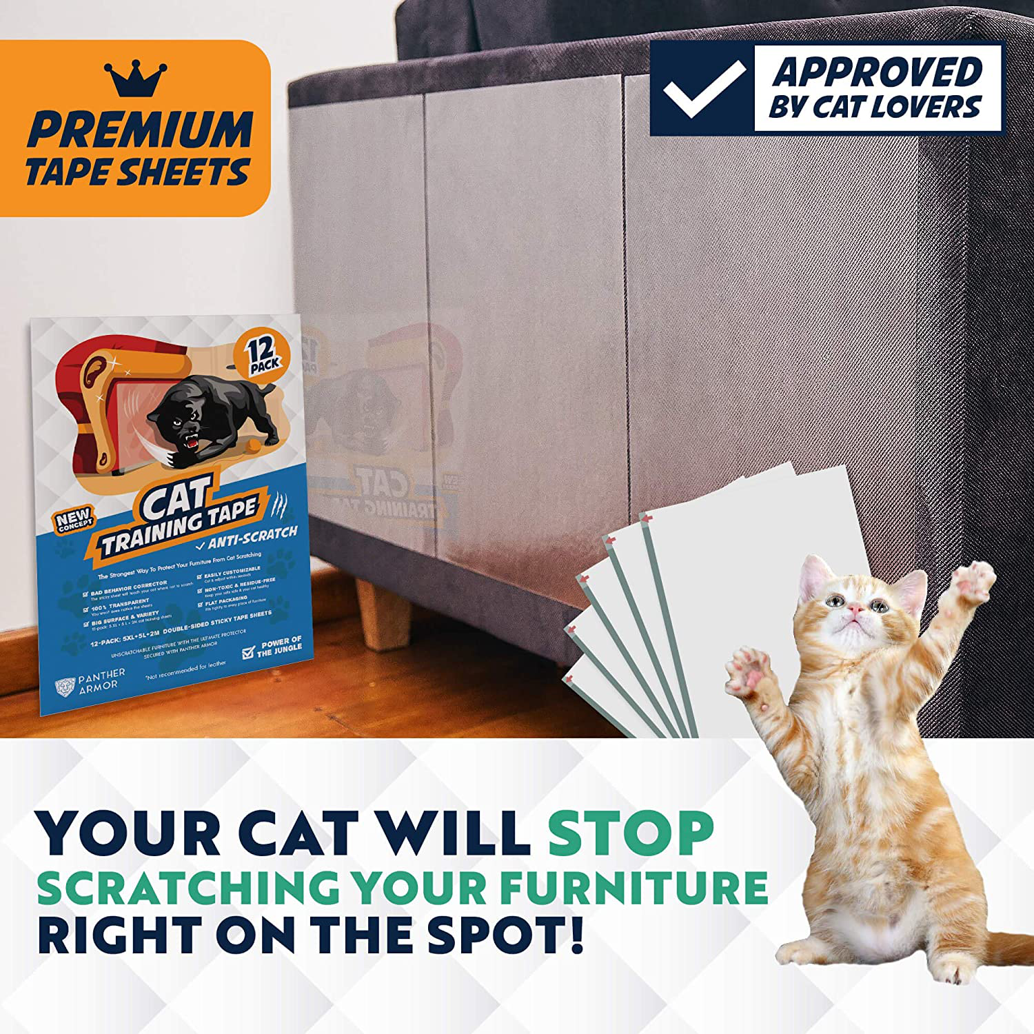 Panther Armor Cat Scratch Deterrent Tape – 12-Pack Double Sided anti Scratching Sticky Tape – 5-Pack XL 16”L 12”W + 5-Pack Large 17”L 10”W + 2-Pack M 17”L 6”W Furniture Protectors – Training Tape Animals & Pet Supplies > Pet Supplies > Cat Supplies > Cat Furniture Panther Armor   