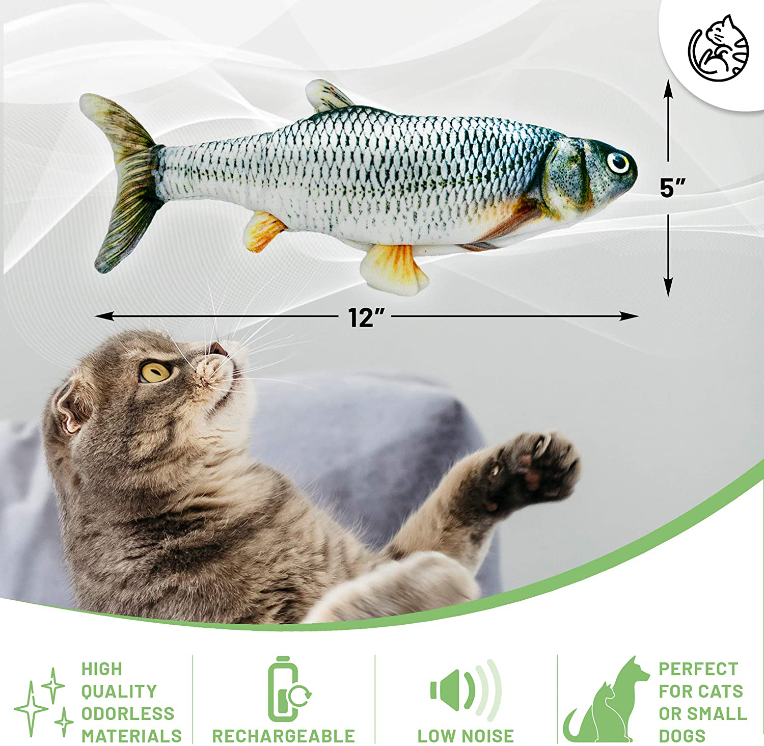 Dancing Fish Toy for Indoor Cats & Small Dogs – Motion Sensor Cat Toy with 2 Catnip Packets – Usb-Chargeable, Soft, Durable, Washable, Low-Noise Floppy Fish Interactive Pet Gifts, 12X5 In. Animals & Pet Supplies > Pet Supplies > Cat Supplies > Cat Toys AmazinglyCat   