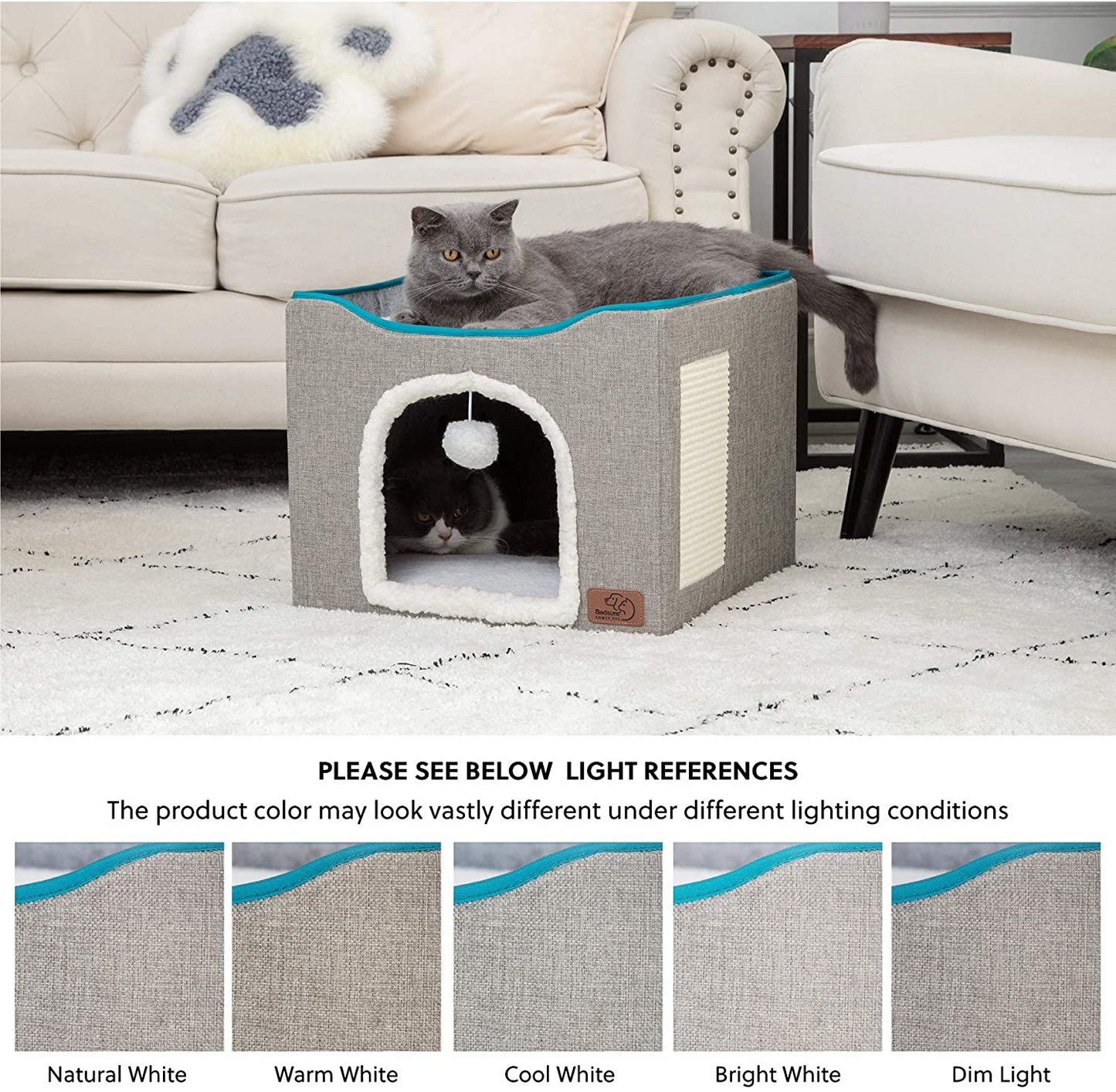 Bedsure Cat Beds for Indoor Cats - Large Cat Cave for Pet Cat House with Fluffy Ball Hanging and Scratch Pad, Foldable Cat Hidewawy,16.5X16.5X14 Inches Animals & Pet Supplies > Pet Supplies > Cat Supplies > Cat Furniture Bedsure   