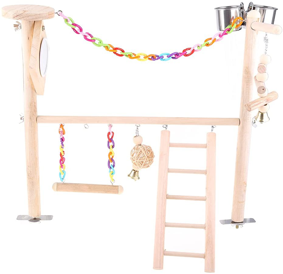 Kerdejar Parrot Bird Play Stand Cockatiel Playground Wood Perch Gym Ladder Feeder Cups Animals & Pet Supplies > Pet Supplies > Bird Supplies > Bird Gyms & Playstands KerDejar   