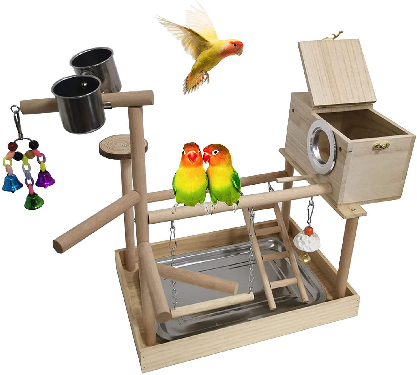 Parrots Playground, Bird Play Gym Wood Perch Stand Climb Ladders Swing Chewing Toys with Parakeet Nest Box Feeding Cups Exercise Activity Center for Conure Cockatiel Lovebirds(Include a Tray) Animals & Pet Supplies > Pet Supplies > Bird Supplies > Bird Cages & Stands Hamiledyi   