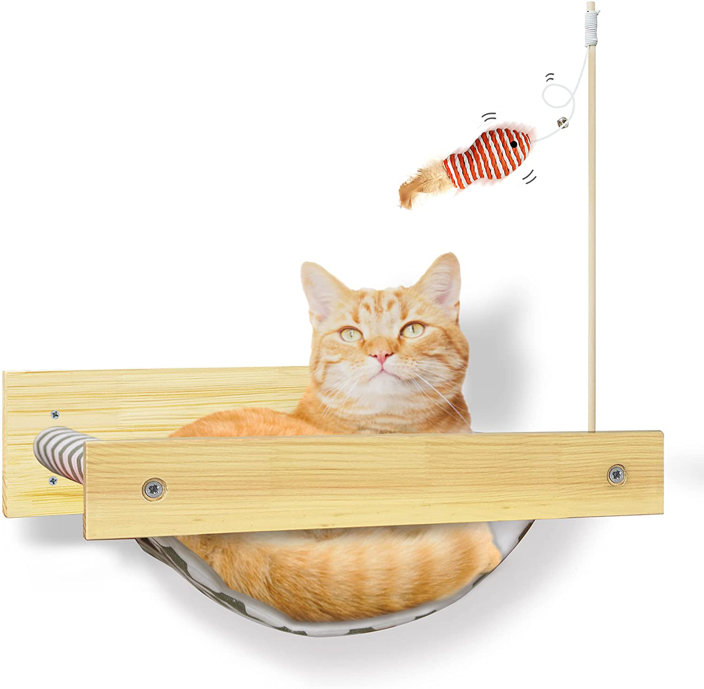 LLSPET Cat Hammock Wall Mounted with Interactive Cat Wand Toys, Natural Pine Hanging Cat Bed & Furniture, Wooden Perches for Medium and Large Cat to Hide, Overlook and Sleep Animals & Pet Supplies > Pet Supplies > Cat Supplies > Cat Furniture LLSPET   