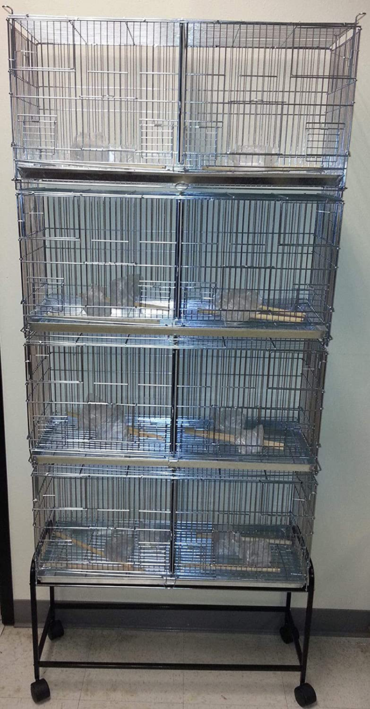 Combo: 4 Galvanized Stack and Lock Double Breeder Cage Bird Flight Breeding Cage with Removable Divider and Breeder Doors 4 of 26.5" X 11" X 15"H Cages with Rolling Stand Black