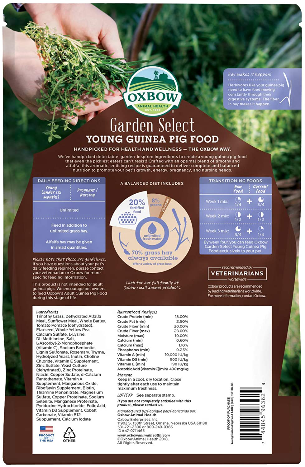 Oxbow Animal Health Garden Select Young Guinea Pig Food, Garden-Inspired Recipe for Young Guinea Pigs, No Soy or Wheat, Non-Gmo, Made in the USA, 4 Pound Bag