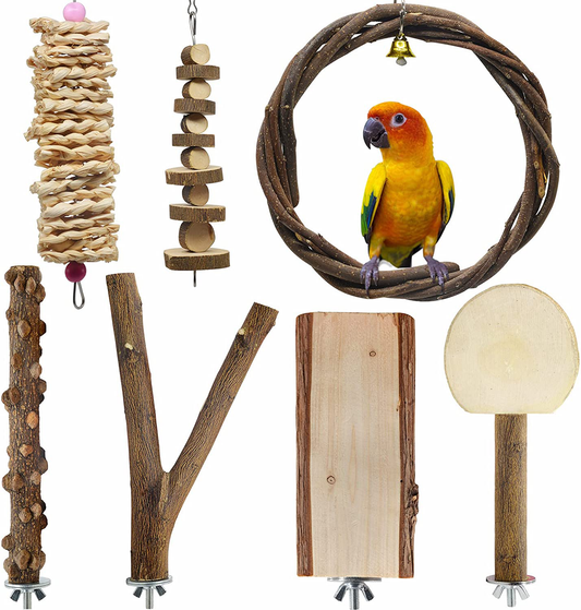 LIMIO 7 PCS Bird Parrot Swing Chewing Toys Natural Wood Bird Perch Bird Cage Toys Suitable for Small Parakeets, Cockatiels, Conures, Finches,Budgie, Parrots, Love Birds Animals & Pet Supplies > Pet Supplies > Bird Supplies > Bird Gyms & Playstands LIMIO   