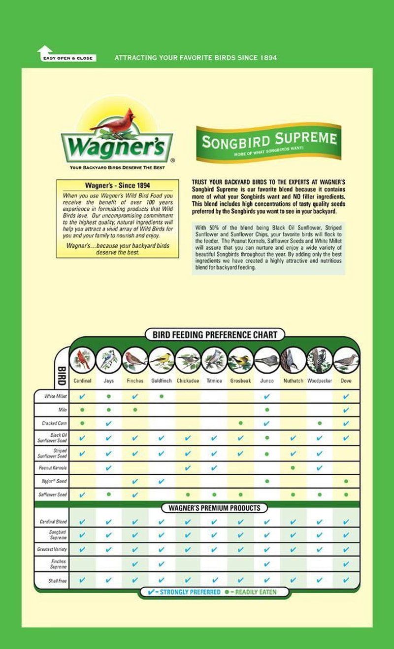 Wagner'S 62042 Songbird Supreme Blend Wild Bird Food, 8-Pound Bag Animals & Pet Supplies > Pet Supplies > Bird Supplies > Bird Treats Wagner's   