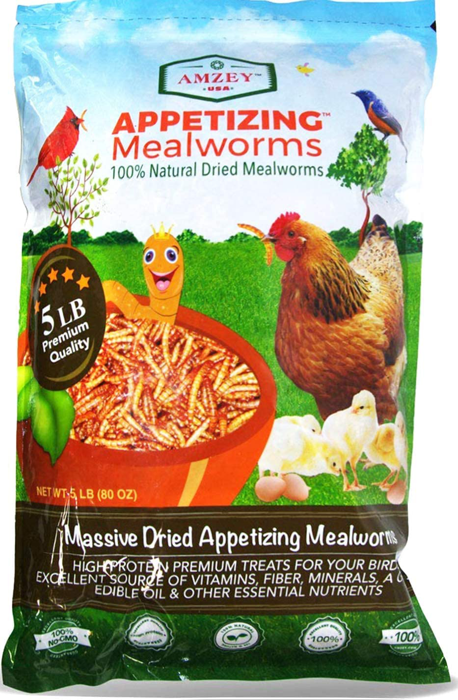 Mealworms -5 Lbs- 100% Non-Gmo Dried Mealworms - Large Meal Worms - Bulk Mealworms -High Protein Treats- Perfect Mealworm for Chickens, Ducks, Turtles, Blue Birds, Lizards - Bag of Mealworms 5 LBS Animals & Pet Supplies > Pet Supplies > Bird Supplies > Bird Treats Amzey Appetizing Mealworms   