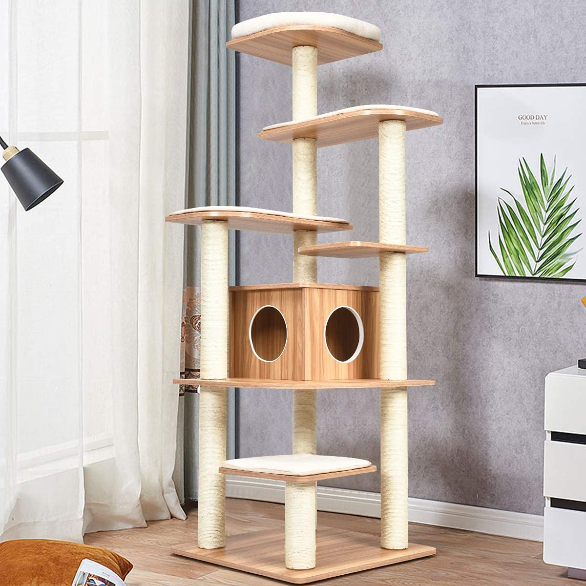 Tangkula Modern Wood Cat Tree, 69-Inch Cat Tower with Multi-Layer Platform, Cat Activity Tree with Sisal Rope Scratching Posts, Cat Condo Furniture W/Washable Plush Cushions for Large Cats Kittens