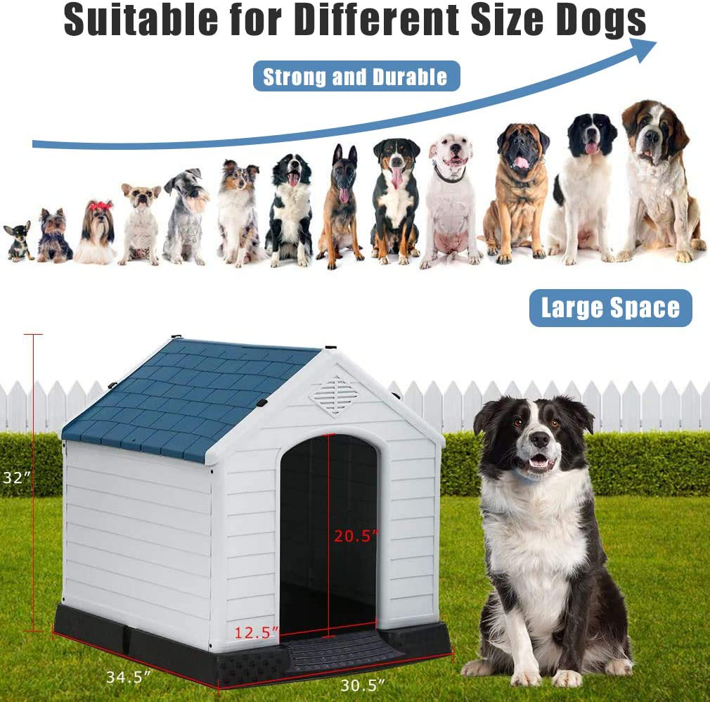 Dkeli, White Large Dog House Indoor Outdoor Waterproof Ventilate Plastic Dog House Pet Shelter Crate Kennel with Air Vents and Elevated Floor for Small Medium Large Dogs, Easy to Assemble