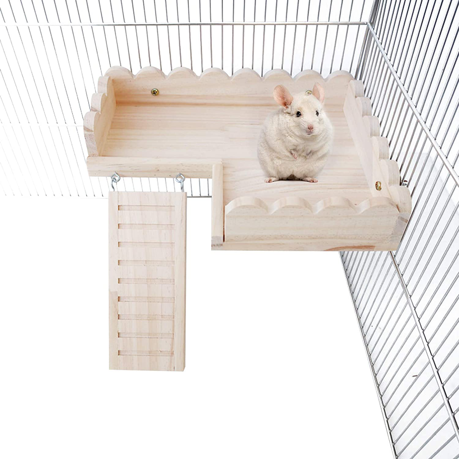 ROZKITCH Hamster Platform with Climbing Ladder, Bird Perch Cage Toy Wooden Play Gym Stand, Natural Pine Wood Tray for Chinchilla Squirrel Rabbit Guinea Pig, Birdcage Toy for Parrot Conure Parakeet