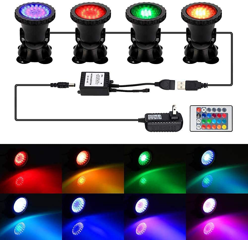 Greensun Pond Lights, Aquarium Light, Submersible LED Lights with Remote Control, IP68 Waterproof Fish Tank Ligh, RGB Color Changing, 8W 36 LED Underwater Spot Lights (Set of 4 Lights)