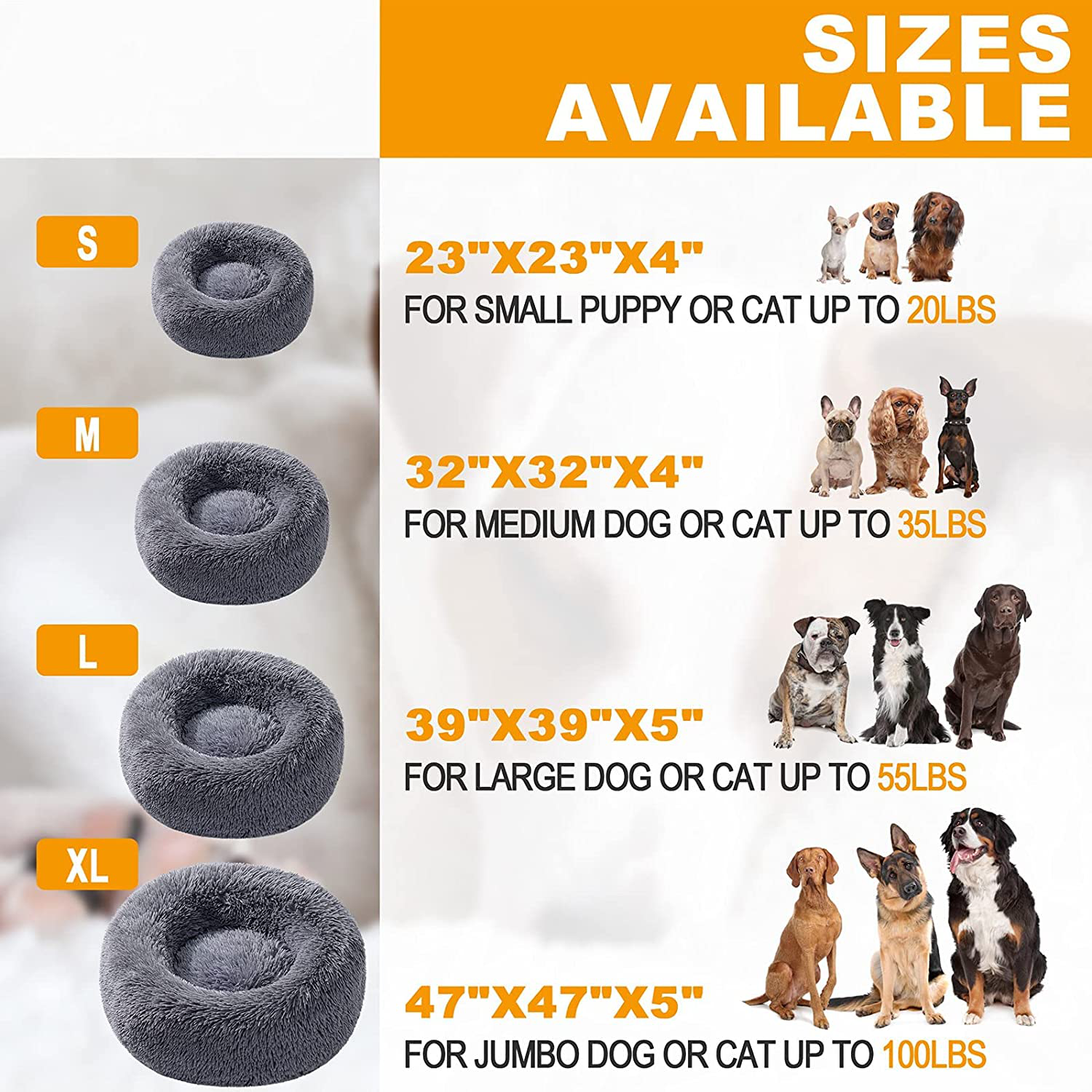 Dog Beds for for Small/ Medium Dogs Washable Cover, Comfortable High Pillow Donut Cuddler, Pet Bed Furniture, anti Anxiety, Warming Indoor round Pet Bed (23", 32", 39", 47", Grey)