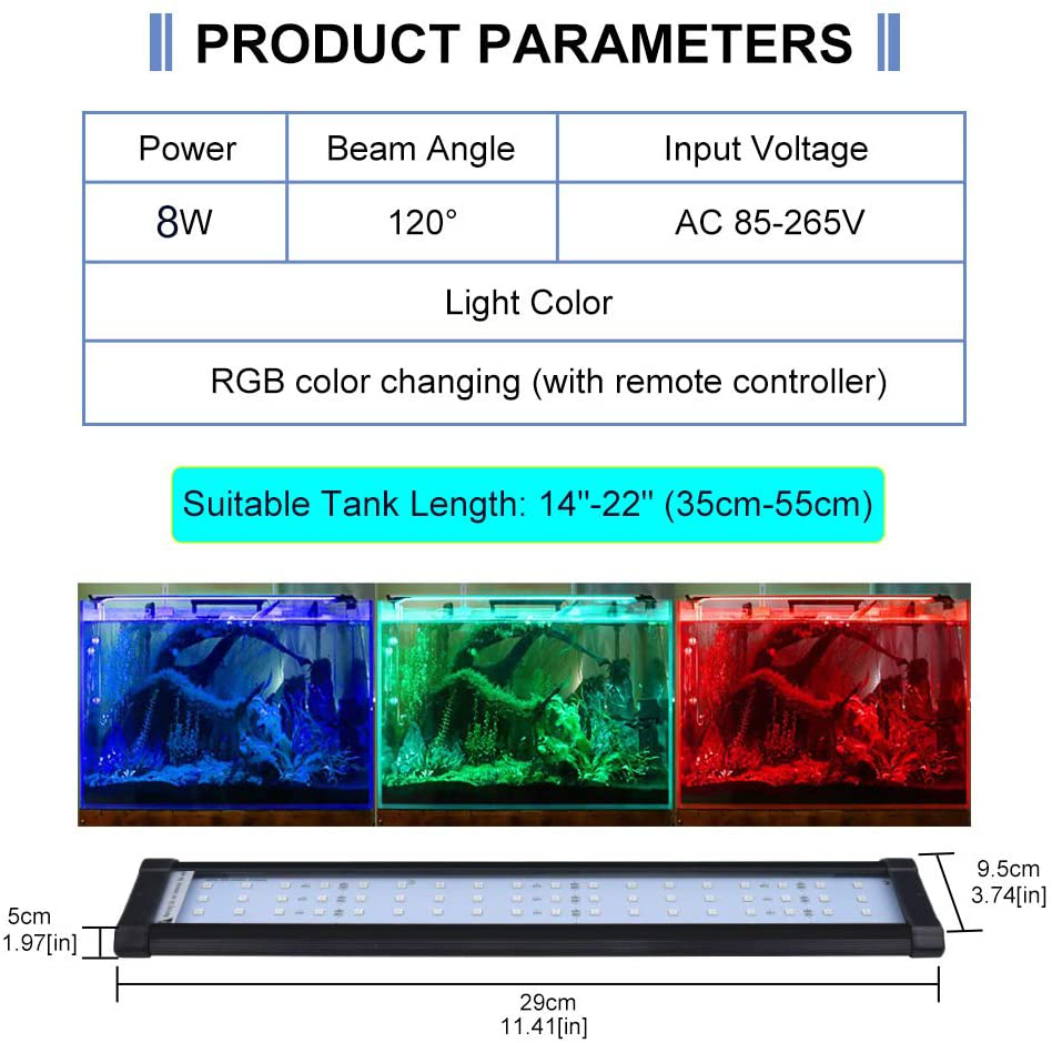 Lustaled Dimmable RGB LED Aquarium Hood Light 8W Color Changing LED Fish Tank Light with Extendable Bracket and Remote Control for Saltwater Freshwater Plants Marine Spectrum Lighting