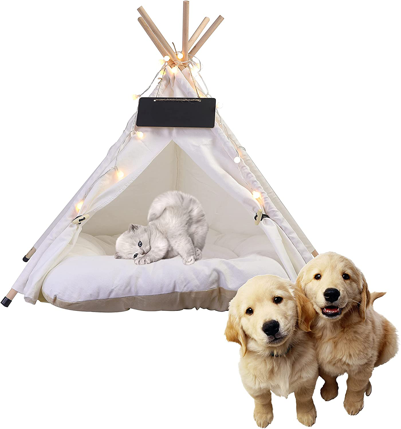 Peyamii Pet Tent Portable Puppy Sweet Bed Suitable for Small Dogs or Cats Natural Cotton Canvas with Cushions Lights Can Wash Kennels 20X20X24 Inches