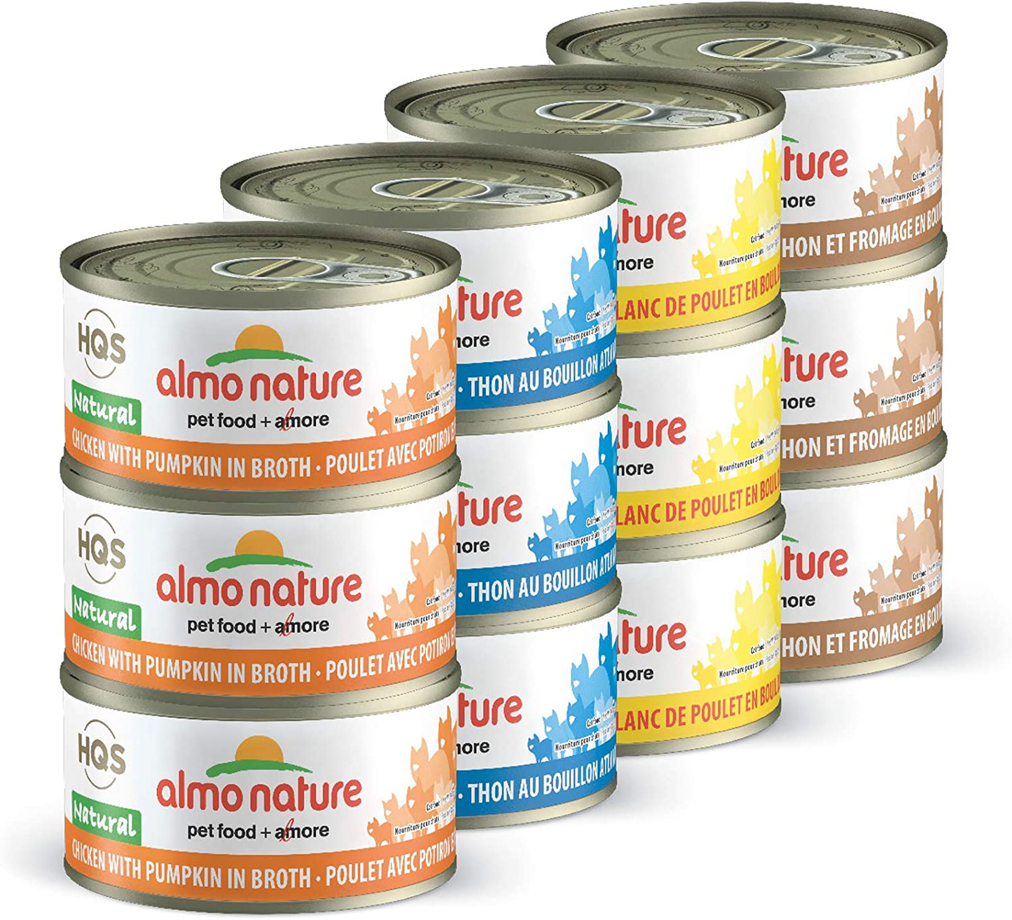 Almo Nature HQS Natural Variety Pack Grain Free, Additive Free Recipes - Chicken with Pumpkin (6); Chicken Breast (6); Tuna Atlantic Style (6); Chicken & Cheese(6), Adult Cat Canned Wet Food, Shredded