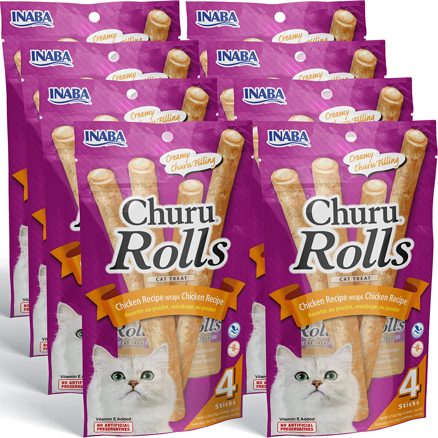 INABA Churu Rolls for Cats, Grain-Free, Soft/Chewy Baked Chicken, Churu Filled Cats Treats with Vitamin E, 0.35 Ounces Each Stick| 32 Stick Treats Total (4 Sticks per Pack) Animals & Pet Supplies > Pet Supplies > Cat Supplies > Cat Treats INABA Chicken  
