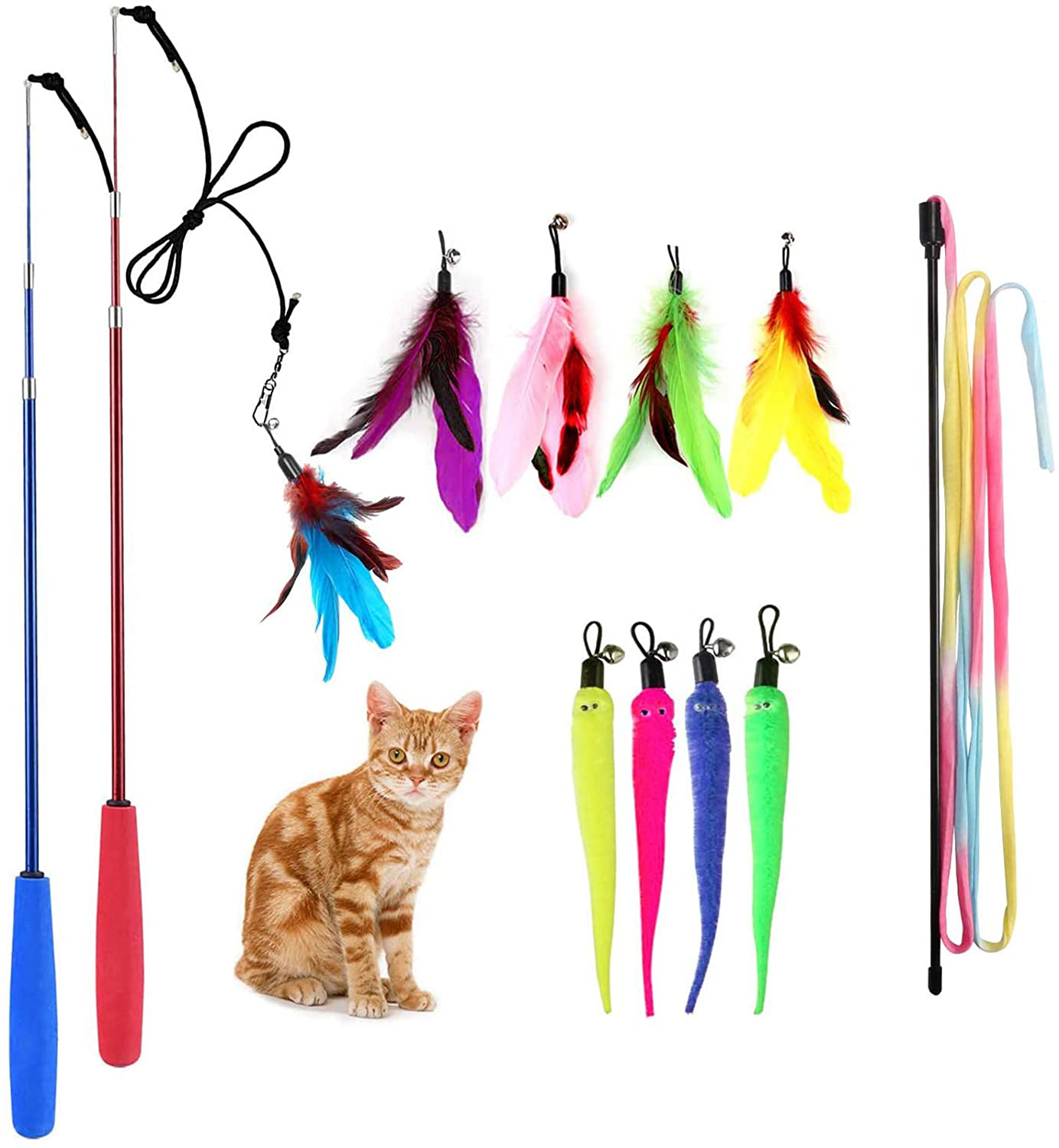 M JJYPET Retractable Cat Wand Toys,12 Packs Interactive Cat Feather Toy,9 Assorted Teaser Refills with Bell for Cat,Kitten Animals & Pet Supplies > Pet Supplies > Cat Supplies > Cat Toys M JJYPET 12Peices  