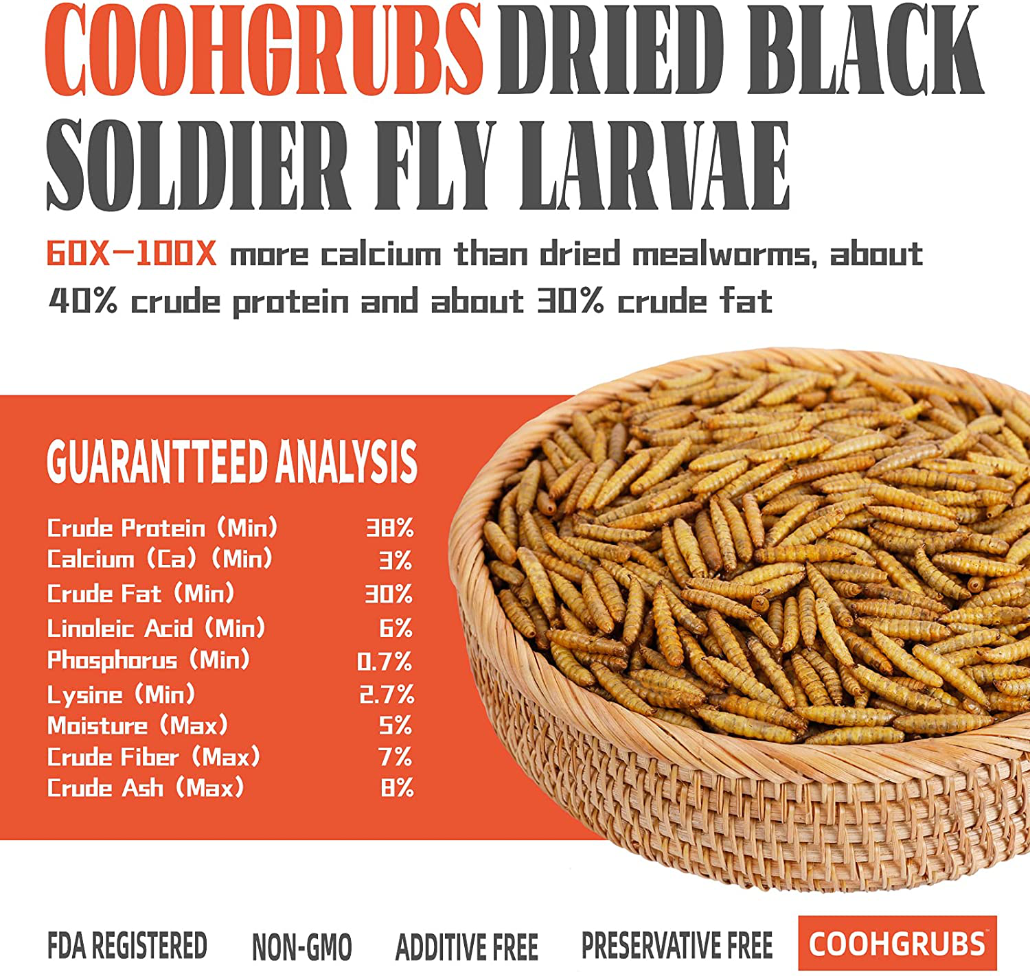 COOHGRUBS Natural Dried Black Soldier Fly Larvae, 60X-100X More Calcium than Dried Mealworms, Non-Gmo High-Protein BSF Larvae Treats for Chickens, Laying Hens, Ducks, Geese, Turkeys, Quails, and More Animals & Pet Supplies > Pet Supplies > Bird Supplies > Bird Treats coohgrubs   