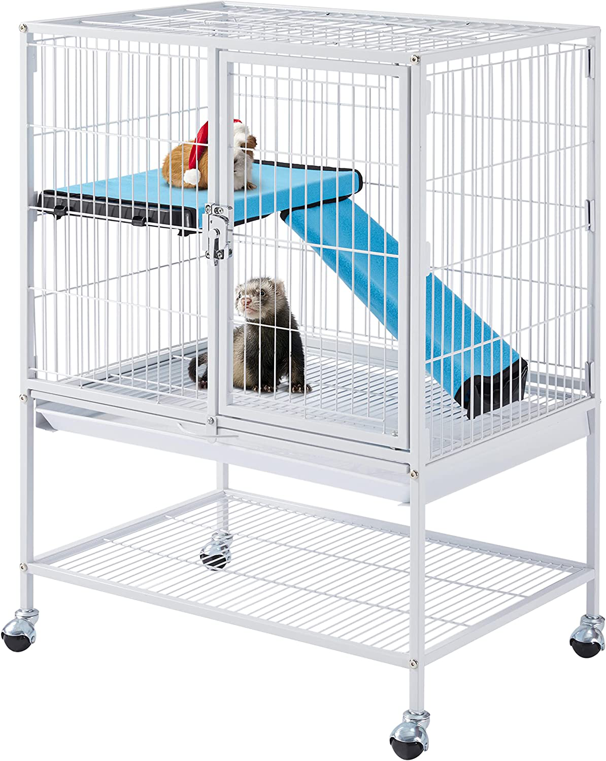 Topeakmart Small Animals Cages Ferret/Guinea Pigs/Chinchilla/Rabbit Cages Single/Double-Story Rolling Metal Critter Nation W/ 2 Removable Ramps &Litter Box, Hammock Black/White