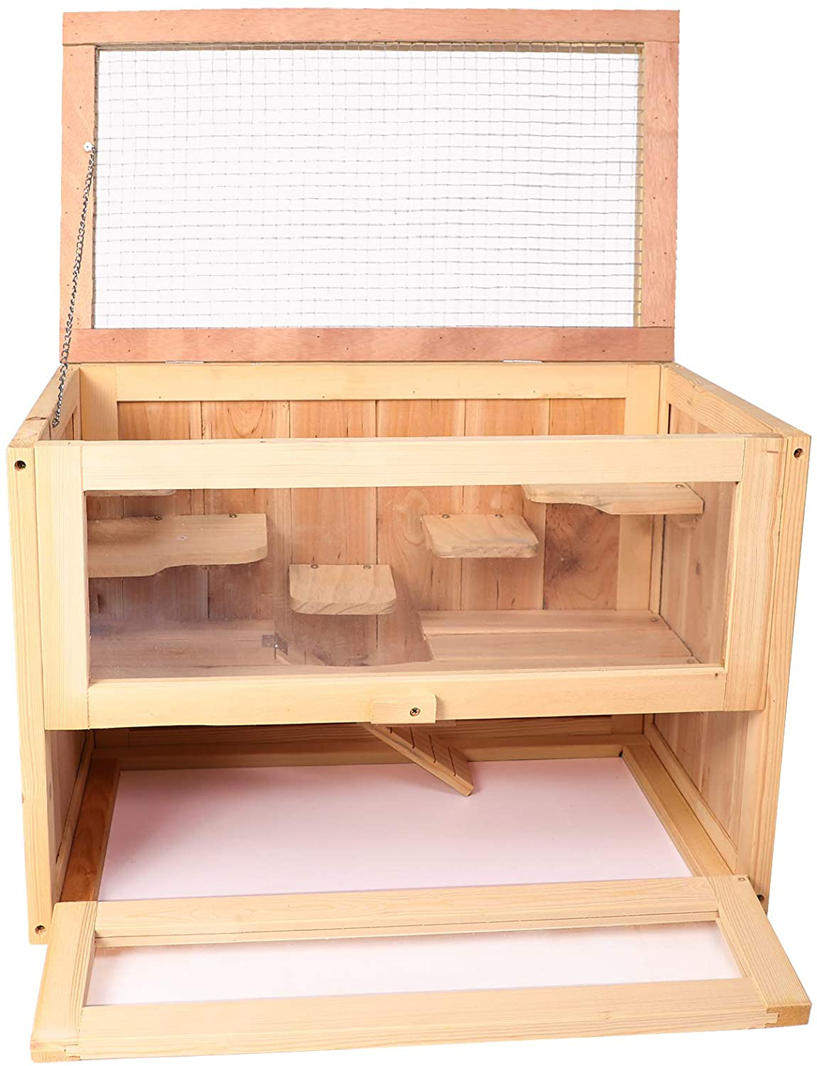 LONABR Hamster Cage Deluxe Two Layers Wooden Hut Small Animal Play House with Shelf and Ladder