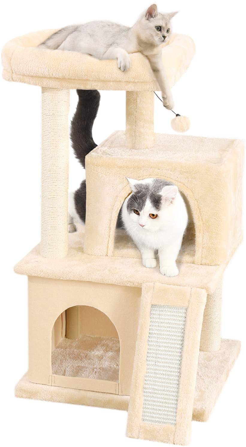 PAWZ Road Cat Tree Luxury 34 Inches Cat Tower with Double Condos, Spacious Perch, Fully Wrapped Scratching Sisal Posts and Replaceable Dangling Balls Animals & Pet Supplies > Pet Supplies > Cat Supplies > Cat Furniture PAWZ Road Beige  