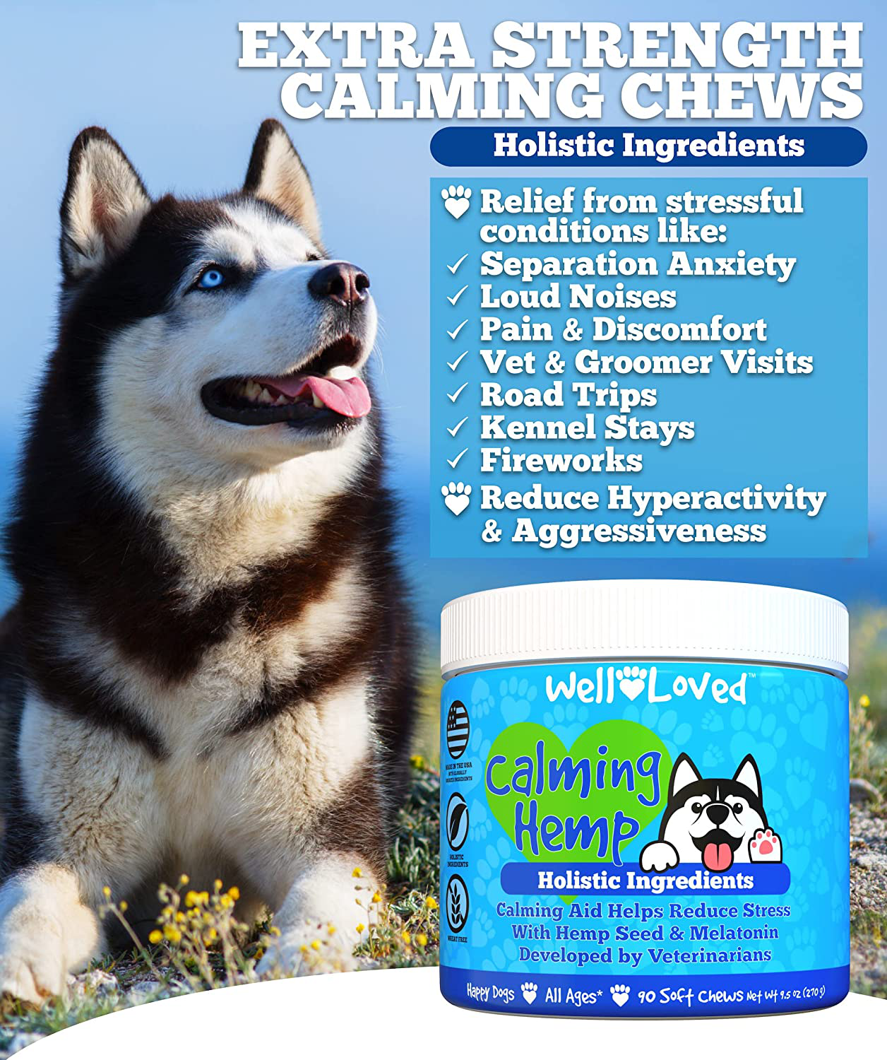 Well Loved Calming Chews for Dogs - Dog Calming Treats, Made in USA, Vet Developed, Dog Anxiety Relief, Separation, Fireworks, Travel & Stress Support, Melatonin, Natural & Holistic, 90 Calming Treats Animals & Pet Supplies > Pet Supplies > Small Animal Supplies > Small Animal Treats Well Loved   