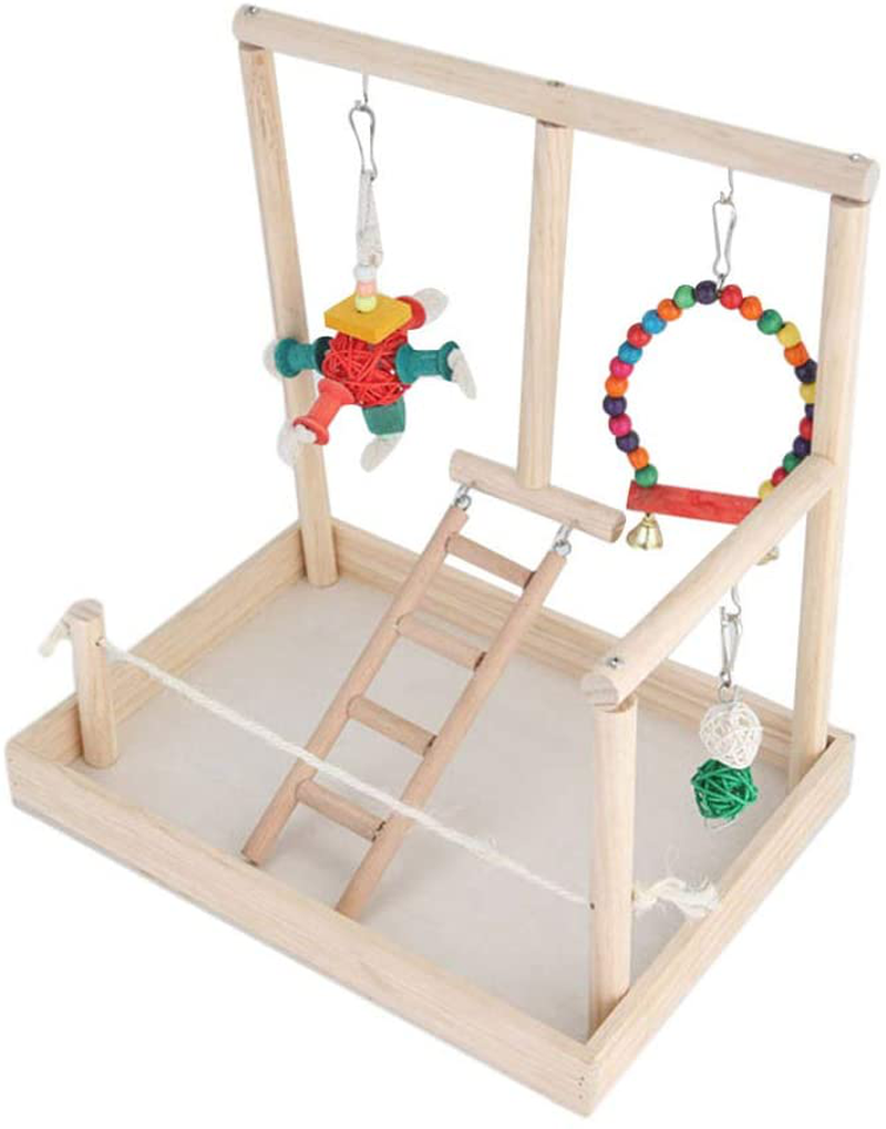 POPETPOP Wooden Bird Play Stand with Swing Perch Chewing Toy Ladder Play Gym Playground Activity Toy for Parakeets Budgie Cockatiels Animals & Pet Supplies > Pet Supplies > Bird Supplies > Bird Gyms & Playstands POPETPOP   