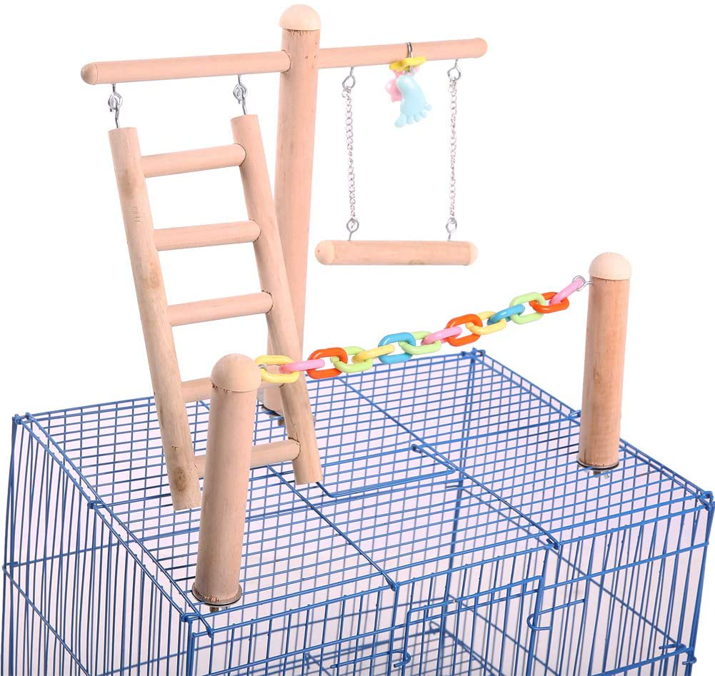 Bird Cage Stand Play Gym, Green Cheek Conure Perch Playground, Wood Parrot Climbing Ladder Chewing Chain Swing for Lovebirds Budgies Finches Parakeets, Activity Center,Birdcage Training Accessories