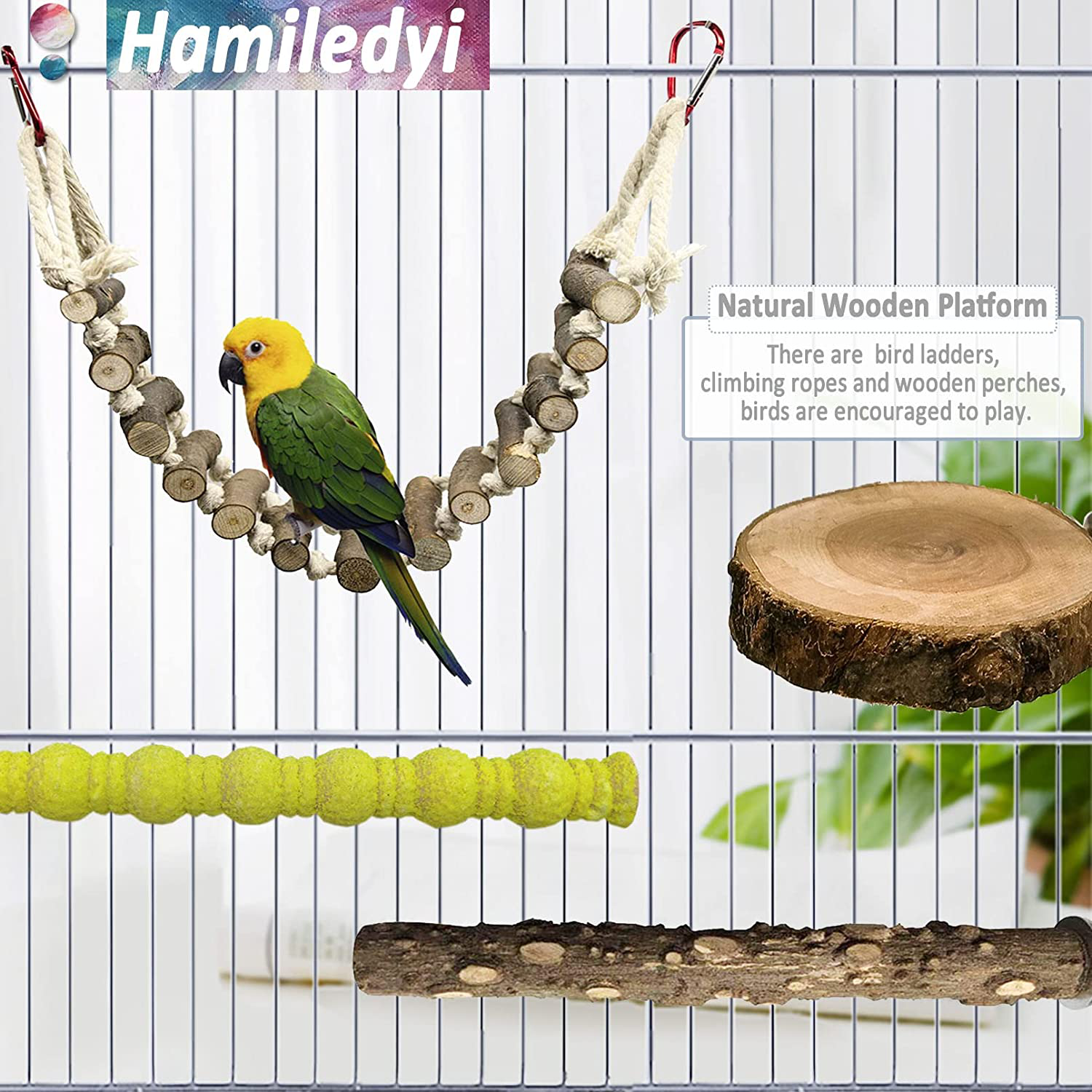 Hamiledyi Wood Bird Perch Stand Set 10 Pcs Parakeets Natural Wooden Platform Parrot Swing Rope Ladder Bird Toys for Small Medium Cockatiels Conures Lovebirds Finches Cage Accessories Animals & Pet Supplies > Pet Supplies > Bird Supplies > Bird Ladders & Perches Hamiledyi   