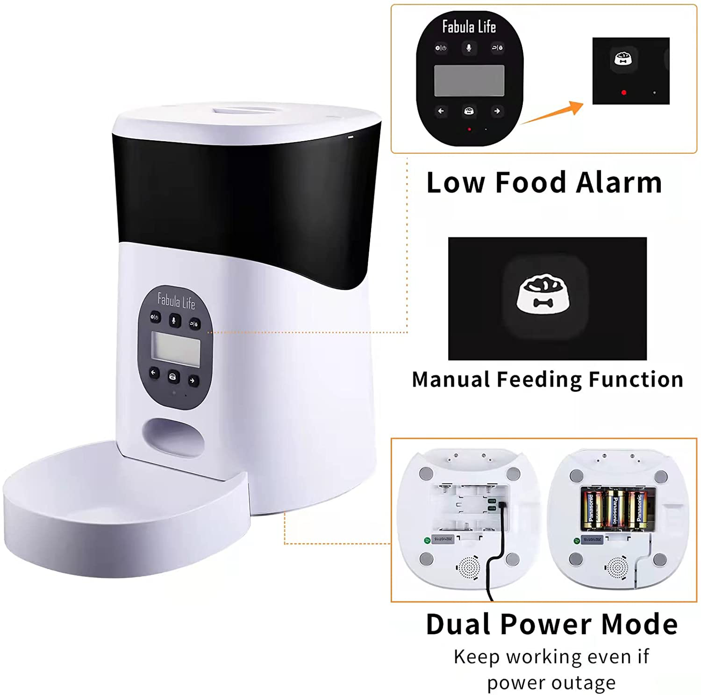 Fabula Life Automatic Cat Feeder, 5L Pet Dry Food Dispenser with Buckle Lock Lid, Programmable Control 1-6 Meals per Day Clog-Free Design Timed Pet Feeder, Dual Power Supply and 10S Voice Recorder