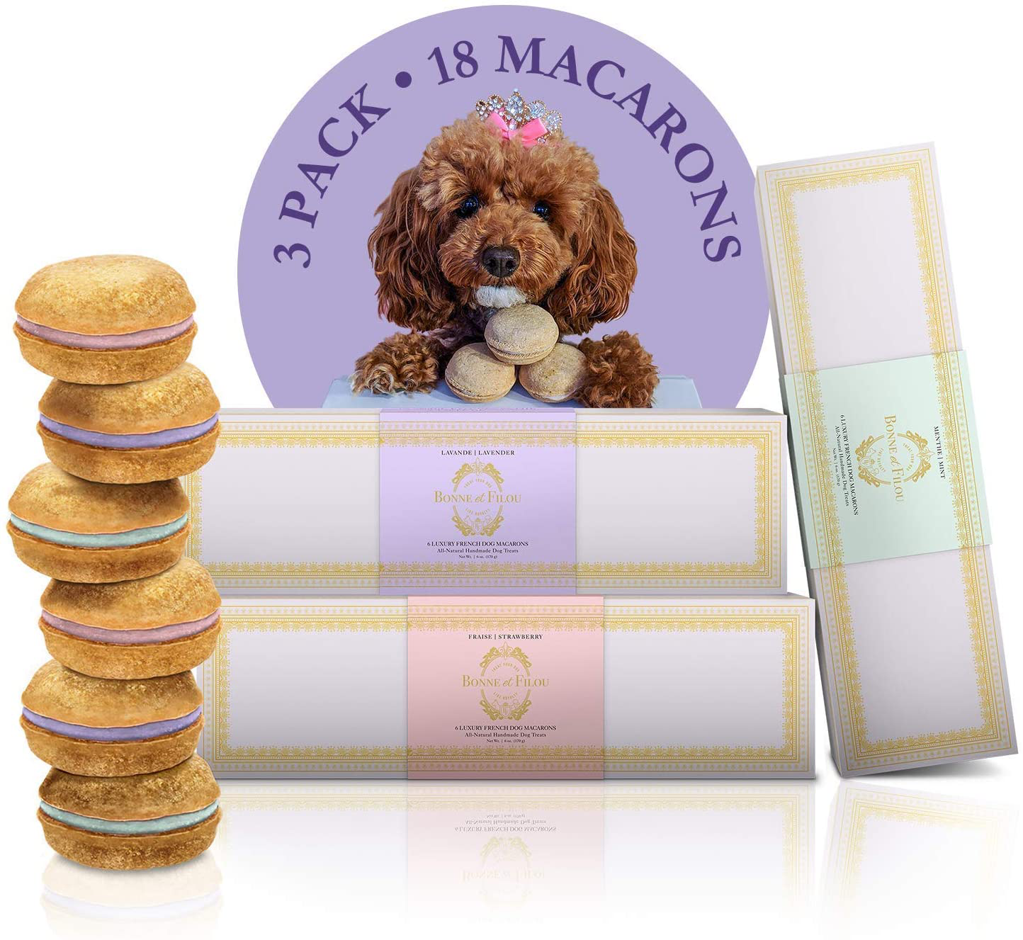 Bonne Et Filou Dog Treats Dog Macarons Luxury Handmade Dog Gifts Dog Birthday Healthy and Delicious Gourmet Dog Snack with All-Natural Ingredients Animals & Pet Supplies > Pet Supplies > Dog Supplies > Dog Treats Bonne et Filou Strawberry/Mint/Lavender Combo Gift Pack - 3 Boxes 
