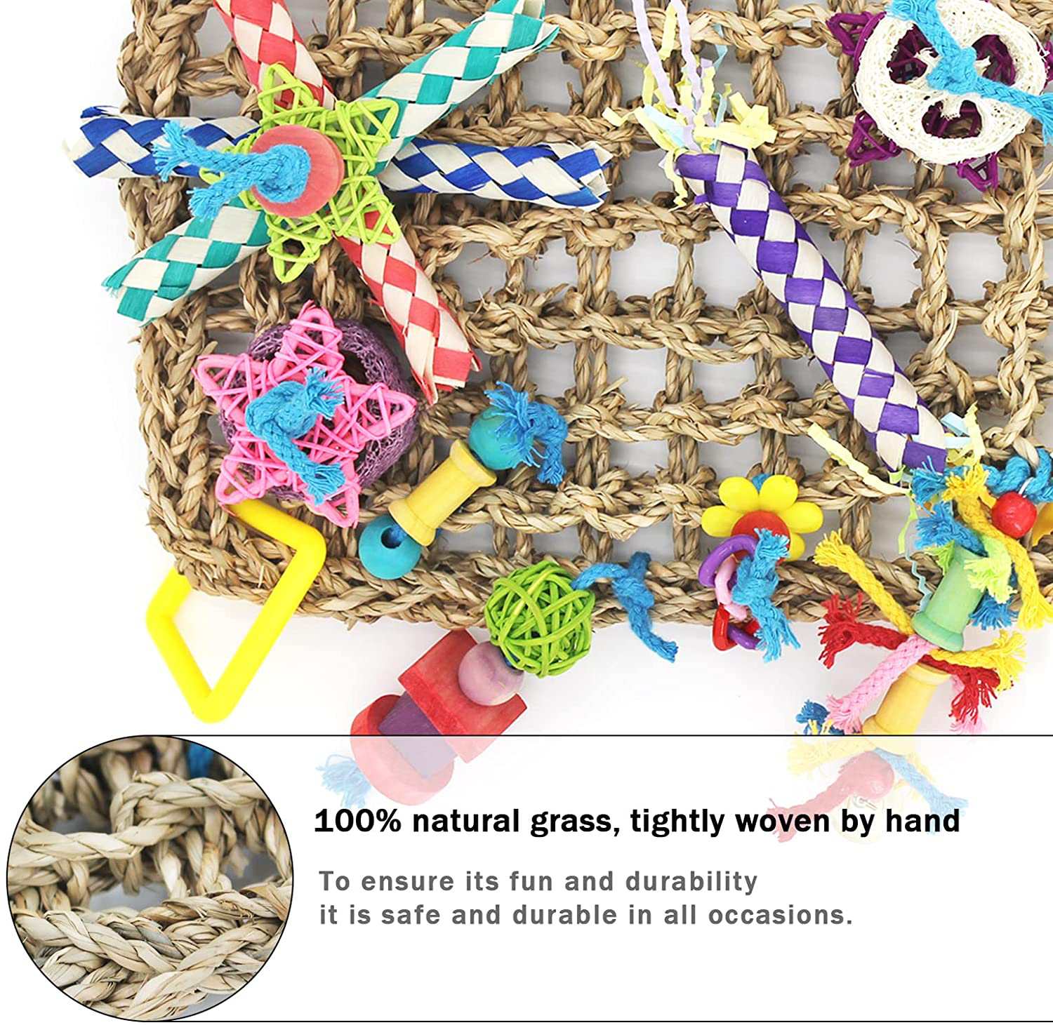 MHHOL Bird Parakeet Toys, Bird Foraging Wall Toy, Bird Perches Swing, Edible Seagrass Woven Climbing Hammock Mat with Chewing Toys, Bird Shredder Toys, for Parrots, Conures, Cockatiels, Budgies
