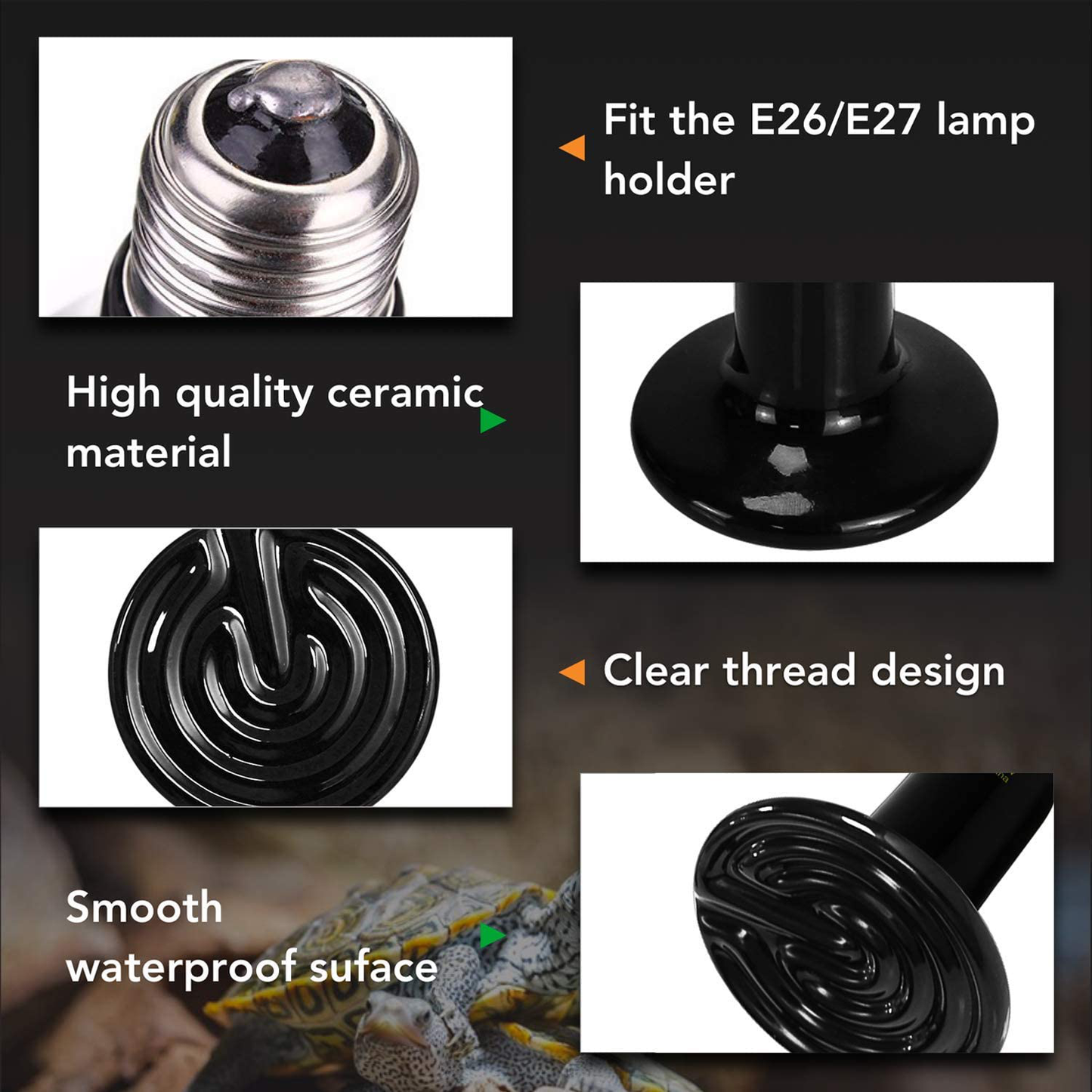 Simple Deluxe 150W Ceramic Heat Emitter Reptile Heat Lamp Bulb No Light Emitting Brooder Coop Heater for Amphibian Pet & Incubating Chicken, 1 Pack/ 2 Pack with Thermometer, Black & White