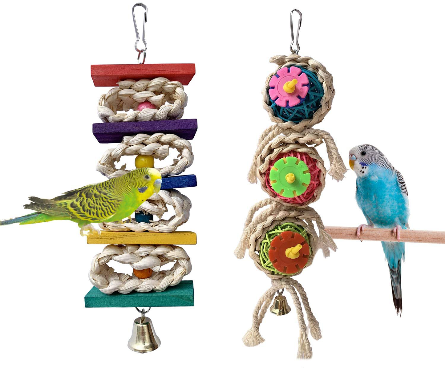 Bird Toys - Parrot Toys Chewing Bird Toy Grinding Stone Cage Hanging Toys with Bell for African Greys Amazon Conure Eclectus Budgies Cockatiel Hamster Parakeet, 2 Pack