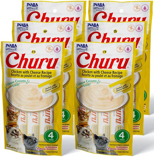 INABA Churu Cat Treats, Grain-Free, Lickable, Squeezable Creamy Purée Cat Treat/Topper with Vitamin E & Taurine, 0.5 Ounces Each Tube, 24 Tubes (4 per Pack), Chicken with Cheese Recipe