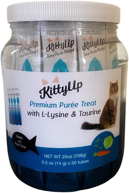 Kitty up - Lickable Cat Treat Pouches for Indoor Cats - All Natural Tuna Puree Tube Treats - Kitten and Senior Soft Wet Cat Food - Limited Ingredient - Grain Free with Lysine .05 Oz Ea.